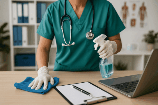 Commercial cleaning professional sanitizing and dusting an office desk