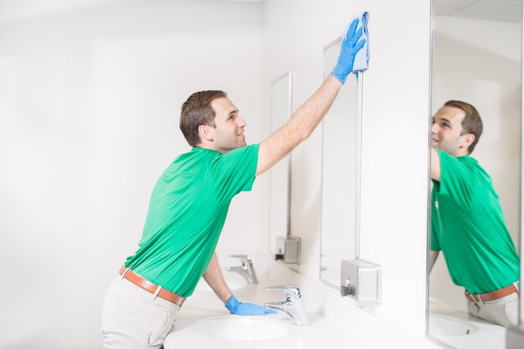 cleaning mirrors in restroom