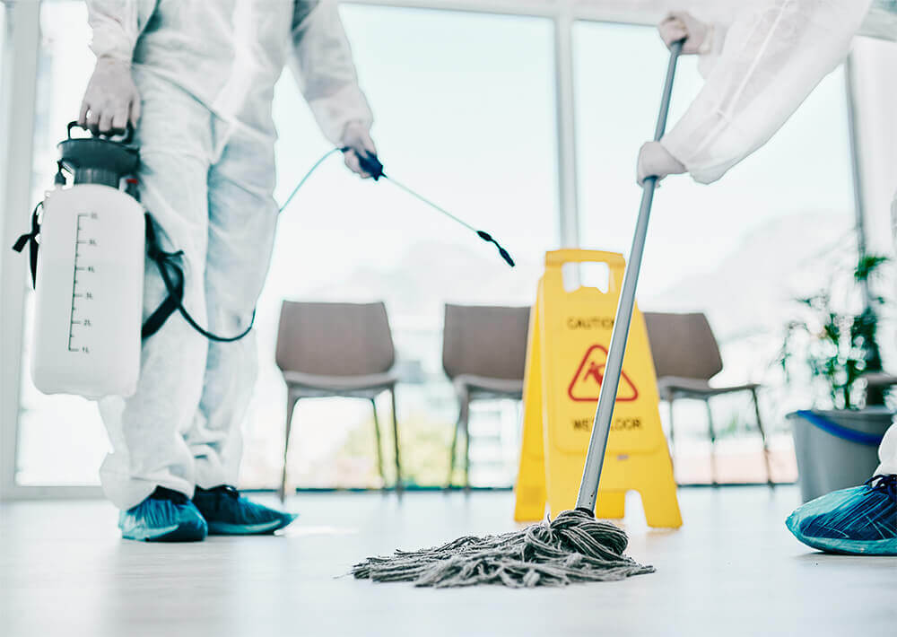 two professional cleaners wearing white suits, one is moping the floor while the other is spraying cleaner fluid with canister in his hand