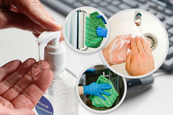 Graphic of hand sanitizing, washing hands, cleaning small appliance buttons, and door handles