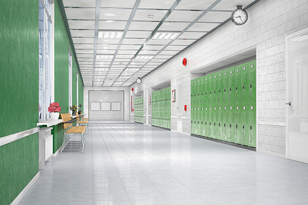 professionally cleaned school hallway with lockers and waiting chairs