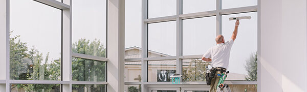 Professional Commercial cleaner on a ladder cleaning the window above the entrance doors of a corporate building during the afternoon