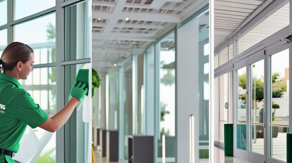 “Commercial building with streak-free windows after cleaning”