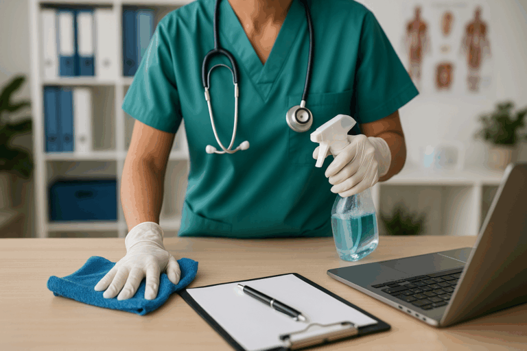 Commercial cleaning professional sanitizing and dusting an office desk