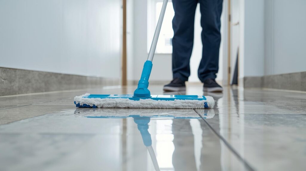 Cleaner wet mopping tile or vinyl floor.