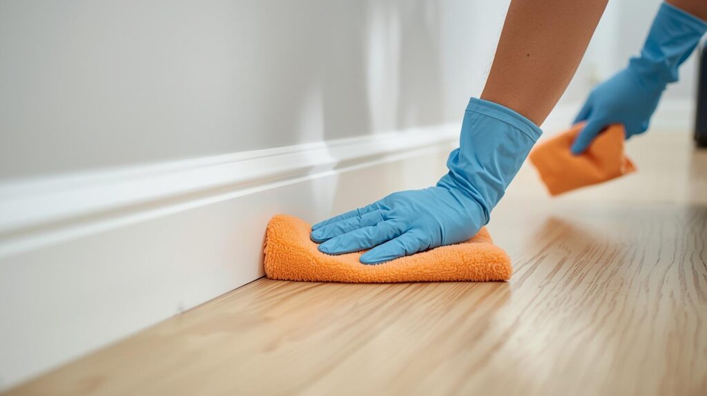 Cleaner wiping baseboards or dusting walls with microfiber tools.