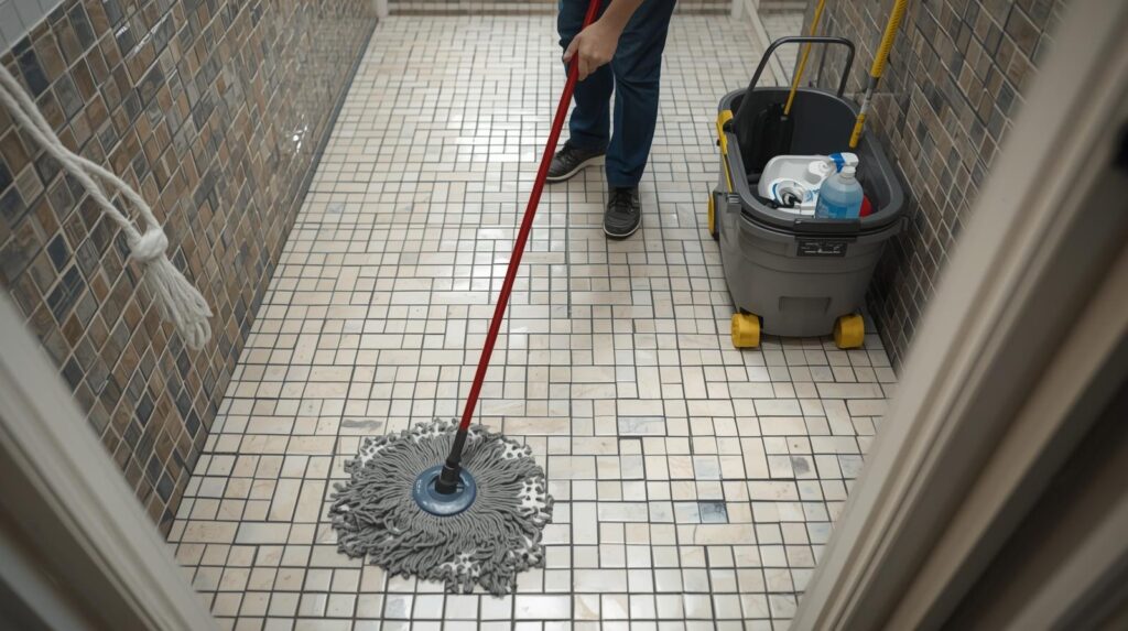 Mopping restroom tile floor.