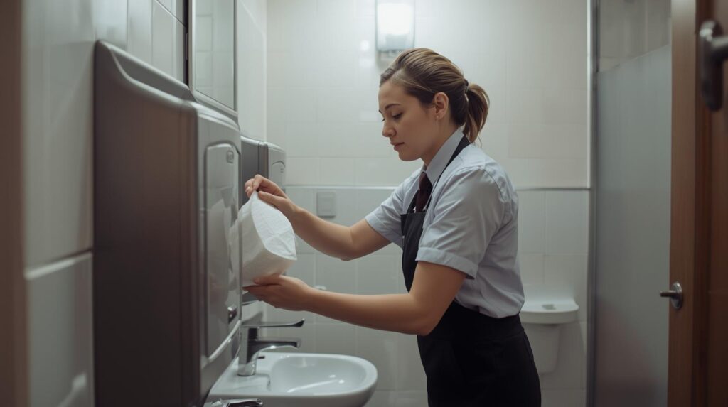 OfficePride Cleaner restocking paper towels or soap dispensers in a commercial restroom.