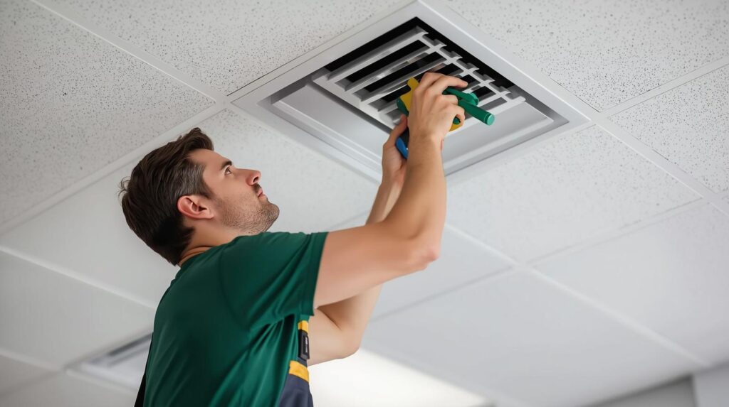 cleaner in Green t shirt , office pride colors, cleaning ceiling vent