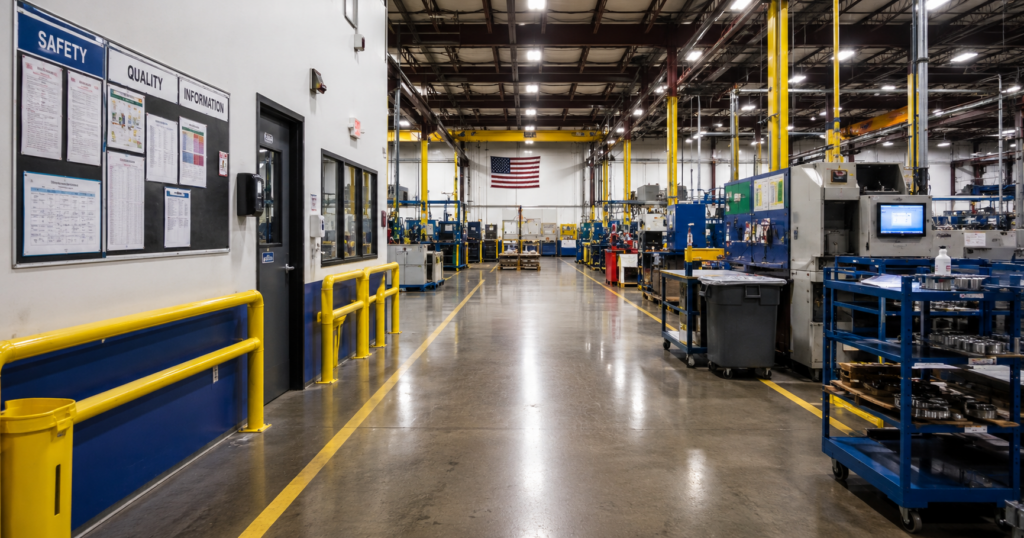 Industrial warehouse with safety signage